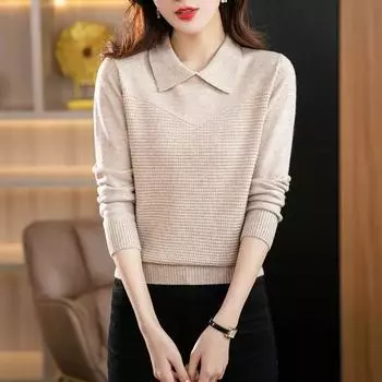 Пуловер на весну и осень-зиму с воротником-поло и длинными рукавами, темпераментный топ, свободный свитер-иностранец, вязаный пуловер, женские топы One Size бежевый