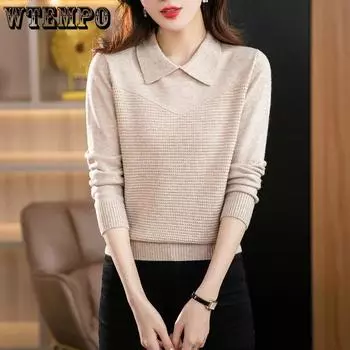 Пуловер на весну и осень-зиму с воротником-поло и длинными рукавами, темпераментный топ, свободный свитер-иностранец, вязаный пуловер, женские топы S жёлтый