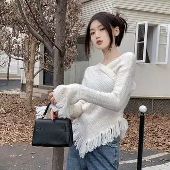 Пуловер нерегулярной формы с кисточками, осенний элегантный женский уникальный дизайн, тонкий пуловер с длинными рукавами, модный уличный однотонный топ S белый