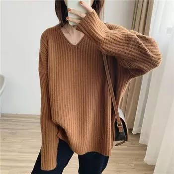 Пуловер, однотонный свитер, женский свитер с v-образным вырезом, осень и зима, новый южнокорейский свободный стильный универсальный вязаный пуловер с напуском, свитер One Size чёрный