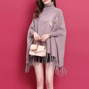 Пуловер, однотонный свитер, женский зимний новый вязаный свитер с высоким воротником и кисточками, рубашка-летучая мышь, пальто, женская свободная однотонная накидка с блестками One Size чёрный