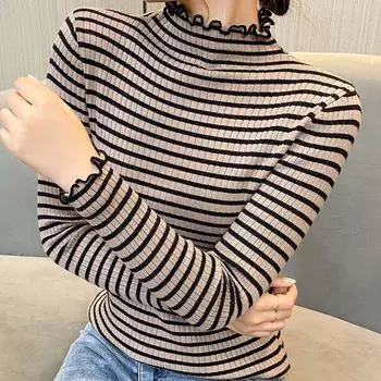 Пуловер осень и зима модная полоса с высокой шеей свитер женщины базовое пальто половина высокая шея с длинным рукавом свитер топ
