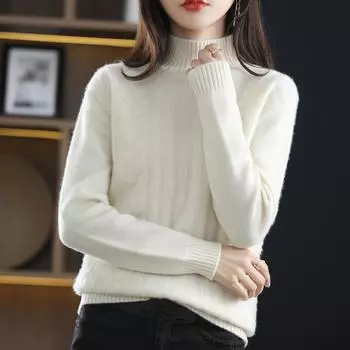 Пуловер осень-зима 2023, однотонный вязаный пуловер из жареного теста с полувысоким воротником внутри, свободный свитер с подкладкой, женский свитер