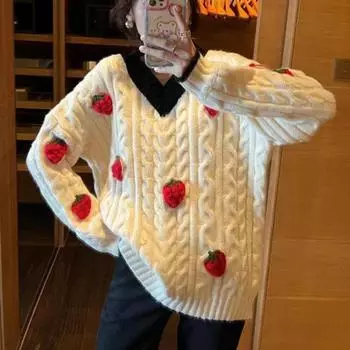 Пуловер осень/зима контрастного цвета, снижающий возраст темперамента, с v-образным вырезом, тонкий, клубничный, универсальный, свободный, с длинными рукавами, женский свитер One Size бежевый