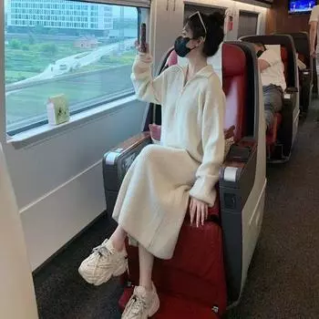 Пуловер, осенне-зимнее платье, женское платье 2023, дизайн на молнии, французский черный, средней длины, трикотажное шерстяное платье с подкладкой, свитер One Size чёрный