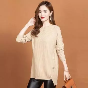 Пуловер, осенне-зимний шерстяной свитер средней длины, женская футболка средней длины, повседневный универсальный топ, вязаный свитер, женский пуловер One Size чёрный