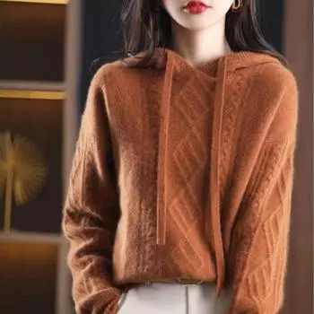 Пуловер, осенне-зимний трикотаж с капюшоном, свитер из жареного теста, женский свободный вязаный свитер с длинными рукавами S белый