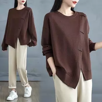 Пуловер Осенняя толстовка с капюшоном Футболка Женская Полный рукав Свободная Белая L коричневый