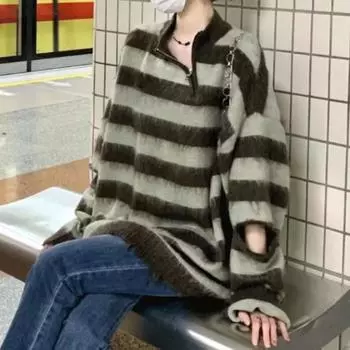 Пуловер, полосатый свитер, пальто для женщин, осенне-зимний свободный и носимый винтажный повседневный женский свитер с длинными рукавами One Size коричневый