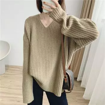 Пуловер, полосатый свитер с v-образным вырезом, женский свитер с напуском, корейский осенне-зимний новый свитер со свободной нижней частью, женское пальто One Size чёрный