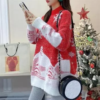 Пуловер, рождественский свитер со снежинками, женский свободный свитер средней длины, осень-зима 2022, универсальный пуловер с напуском, женский свитер