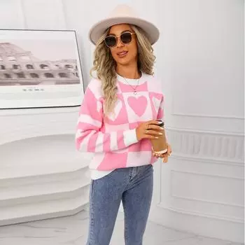 Пуловер с цветными блоками в клетку в форме сердца, вязаный топ большого размера на День святого Валентина S белый