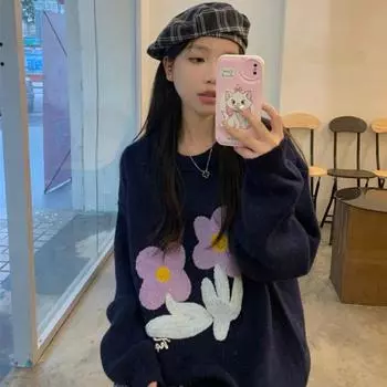 Пуловер с цветочной вышивкой, свитер, осень и зима 2022, стиль с напуском, уменьшающий возраст, уникальный свободный средний свитер, женский пуловер