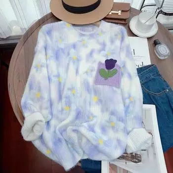 Пуловер с цветочным принтом для девочек, осенний вязаный свободный свитер с круглым вырезом и карманами, милая повседневная одежда с длинными рукавами M синий