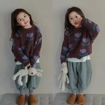 Пуловер с цветочным принтом для маленьких девочек, свитер на осень-зиму в корейском стиле, трикотаж для девочек, модная детская одежда, детское темное пальто 140cm фиолетовый