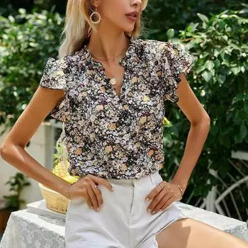 Пуловер с цветочным принтом, свободный топ, модная рубашка с рюшами и рукавами для женщин S