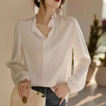 Пуловер с длинным рукавом, блузка, женская винтажная элегантная блузка, женская свободная осенняя рубашка, топы S белый