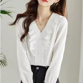 Пуловер с длинным рукавом, блузка, женская винтажная элегантная белая блузка, женская свободная осенняя рубашка, топы S белый