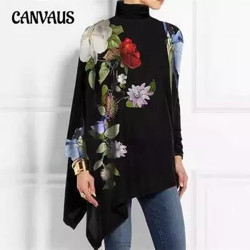 Пуловер с длинным рукавом и абстрактным принтом на пуговицах, свободная повседневная женская рубашка с высоким воротом S чёрный