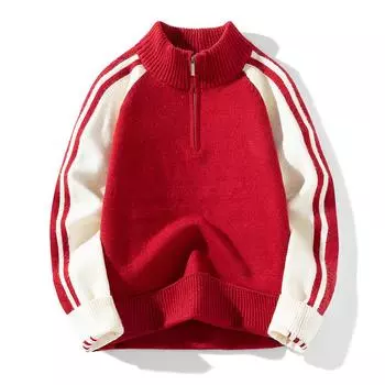 Пуловер с длинным рукавом и полувысоким воротником на молнии для мужчин, свитер, вязаный повседневный, модный, осень-зима, стиль преппи, топы L красный