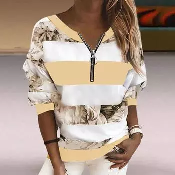 Пуловер с длинными рукавами и V-образным вырезом, толстовка с эластичными манжетами, цветочная полоска, молния с цифровой печатью 3XL розовый