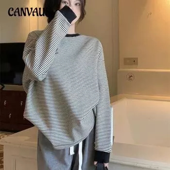 Пуловер с длинными рукавами в полоску, женская весна и осень, большие размеры, свободный круглый вырез, повседневный свитшот, топ Tide M абрикосовый