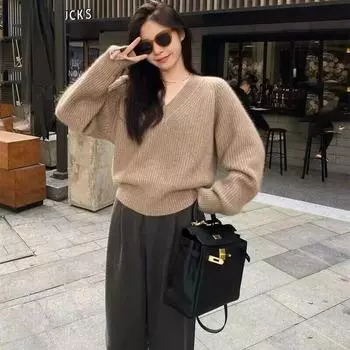 Пуловер с длинными рукавами, вязаный свитер, женский осенний однотонный свободный свитер с v-образным вырезом и длинными рукавами, женский топ