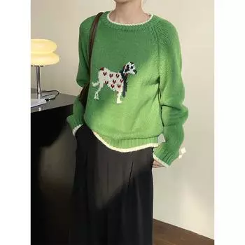 Пуловер с изображением щенка из мультфильма Таочуань: Жаккардовый свитер в корейском стиле с круглым вырезом, который не стареет FF24929 One Size серый