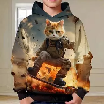 Пуловер с капюшоном и 3D котом для мальчиков, пуловер с длинными рукавами и 3D принтом, весенне-осенняя модная уличная одежда, крутая детская одежда из полиэстера с капюшоном, на открытом воздухе, на каждый день S