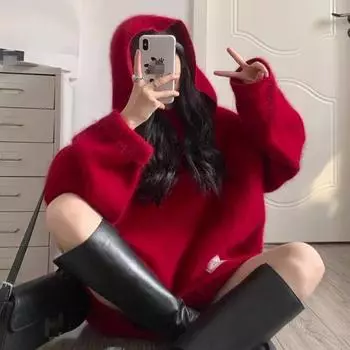 Пуловер с капюшоном, свитер средней длины с длинными рукавами для празднования весеннего фестиваля, праздничный красный женский однотонный пуловер для ленивого ветра, свитер One Size красный