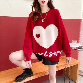 Пуловер с кроликом, красный свитер, женский осенне-зимний свободный свитер 2023, свитер в западном стиле с круглым вырезом и длинными рукавами, женский пуловер One Size красный