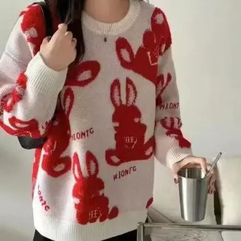 Пуловер с кроликом, женский свитер 2022, повседневный свитер, модный свободный свитер с длинными рукавами и круглым вырезом, осенне-зимний свитер, пуловер, женский топ