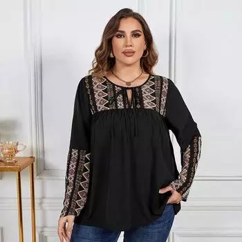 Пуловер с круглым вырезом и цветочным принтом для женщин, футболка с длинным рукавом и завязками спереди, футболка с вырезом спереди, лоскутная повседневная рубашка для поездок на работу, дышащая легкая рубашка XL