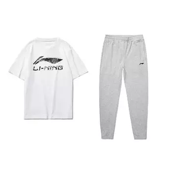 Пуловер с круглым вырезом и принтом букв Li Ning, футболка с коротким рукавом, однотонные спортивные брюки с эластичной резинкой на талии и манжетами, повседневный спортивный комплект AHST471-1+AKLSG31-2 XL