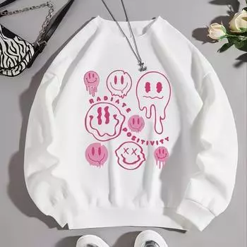 Пуловер с круглым вырезом и принтом улыбки ко Дню святого Валентина, свободный свитшот с длинными рукавами XS белый