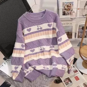 Пуловер с круглым вырезом и вишневым трикотажным женским свитером с длинными рукавами и подкладкой, осень-зима 2023, повседневный свободный свитер, женский пуловер One Size чёрный