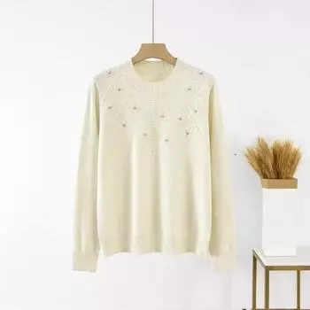 Пуловер с круглым вырезом и жаккардовым низом, длинный рукав, трикотажный свитер S абрикосовый