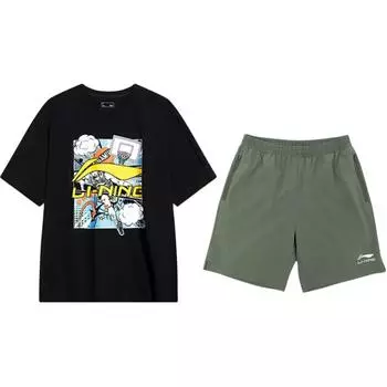 Пуловер с круглым вырезом Li Ning, мультяшный логотип, принт букв, модный, универсальный, удобный, повседневный спортивный костюм, унисекс, AHSU805-1+YKSV147-1 XL