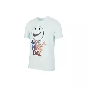 Пуловер с круглым вырезом Nike Smiley Alphabet Pattern, свободная футболка с короткими рукавами, мужские топы, голубой CI2190-336 XS