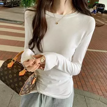 Пуловер с круглым вырезом, повседневная белая футболка с длинными рукавами, женская осенне-зимняя новая многослойная базовая модель с разрезом S