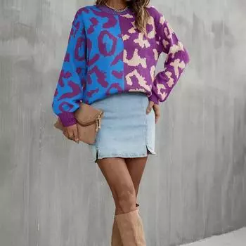 Пуловер с круглым вырезом, пуловер с леопардовой вставкой, смешанный вязаный верх, пуловер XL красный