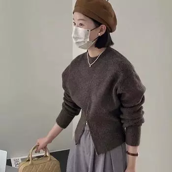 Пуловер с круглым вырезом, свитер для женщин, осенне-зимний однотонный высококачественный вязаный свитер с разрезом на талии и длинными рукавами, женский топ One Size бежевый