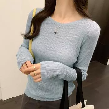 Пуловер с круглым вырезом, текстурированная тонкая футболка с длинными рукавами для женщин на осень и зиму, новый стиль, бамбуковый лен, универсальный свитер в западном стиле S
