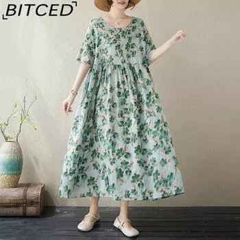 Пуловер с круглым вырезом, винтажное платье свободного типа, женские средние длинные платья большого размера One Size зелёный