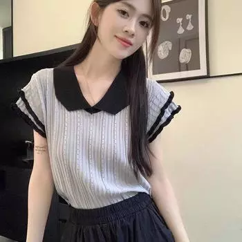 Пуловер с кукольным вырезом, без рукавов, с летящими рукавами, дизайн, футболка, новый летний короткий вязаный свитер, женский тренд one size серый