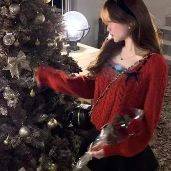 Пуловер с квадратным вырезом и бантом, женский свитер, повседневный осенне-зимний свободный пуловер, вязаный свитер, пуловер с длинными рукавами, женский топ One Size красный