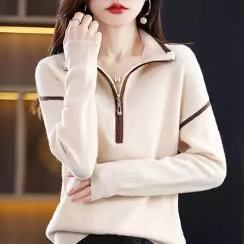 Пуловер с лацканами, свитер для женщин, осень 2022, осень и зима, свободный повседневный пуловер на молнии с длинными рукавами, женские топы