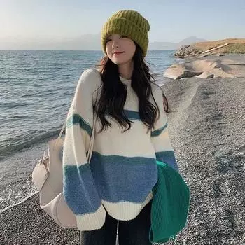 Пуловер с напуском, осенне-зимний мягкий восковой свитер, женский универсальный, нежный, повседневный, свободный, милый пуловер, вязаный свитер, топ One Size синий