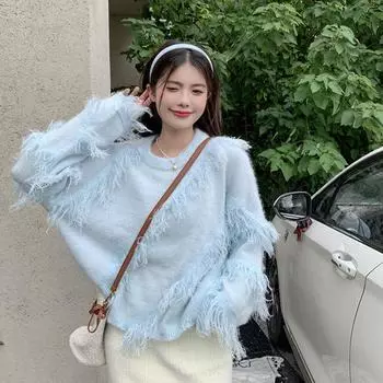 Пуловер с напуском, женский свитер, осень 2022, с круглым вырезом, нерегулярной кисточкой, свободный вязаный свитер с длинными рукавами, женский топ