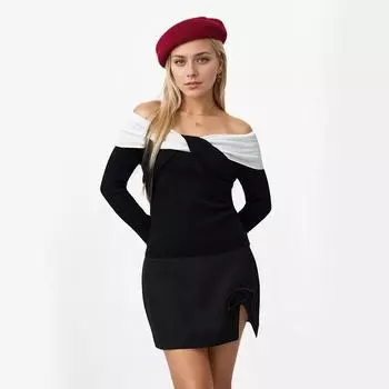 Пуловер с одной линией плеча, подходящая по цвету, длинный рукав, тонкая повседневная трикотажная футболка One Size синий